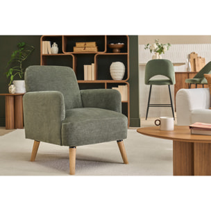 Fauteuil scandinave en tissu effet velours vert kaki et bois clair ISKO