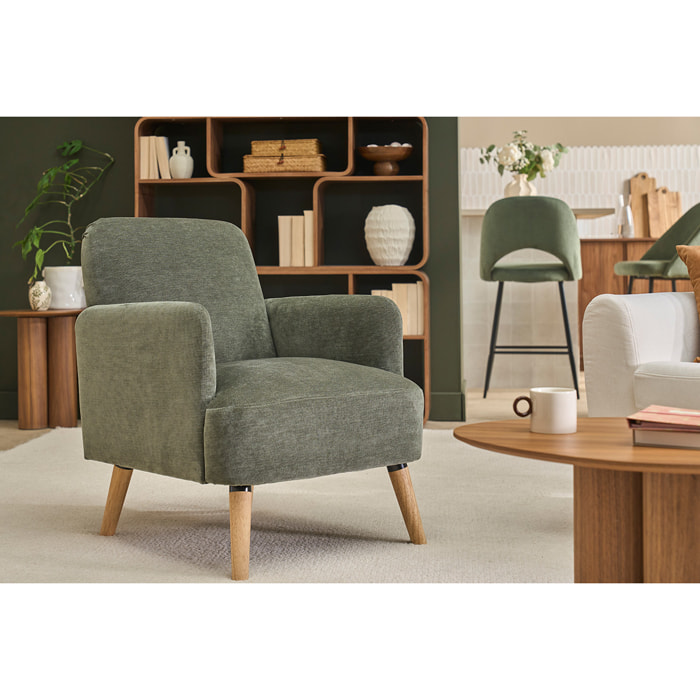 Fauteuil scandinave en tissu effet velours vert kaki et bois clair ISKO