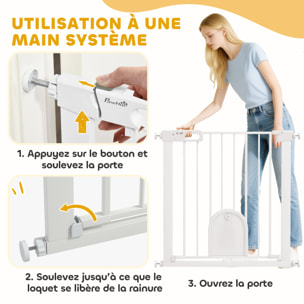Barrière de sécurité chien L.75-82 x H.76 cm porte verrouillable fixation pression blanc