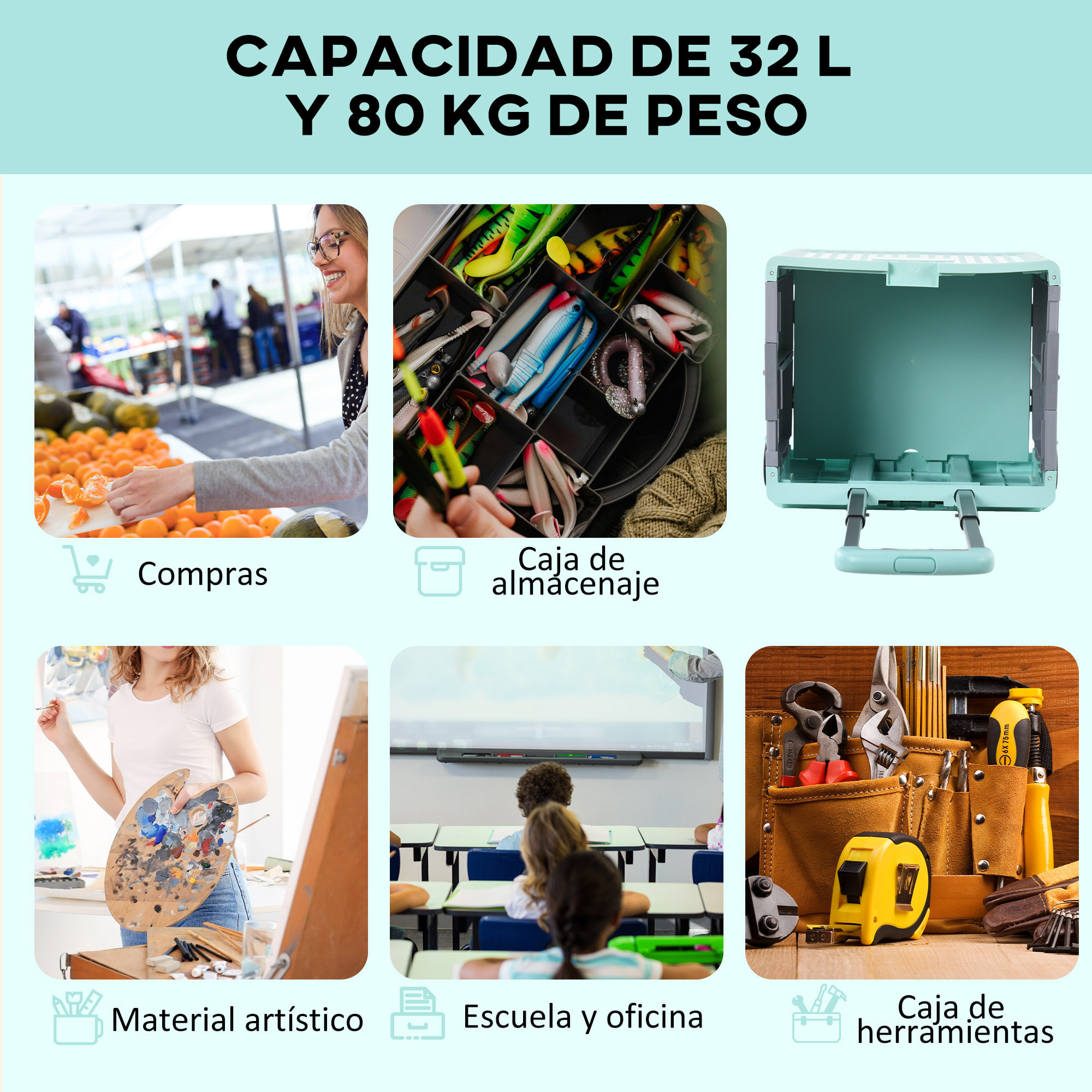 Carrito de la Compra Plegable Carrito para Supermercado con 2 Ruedas Longitud de Mango Ajustable Capacidad 32 Litros para Oficina Escuela Hogar 41,5x32,5x85 cm Verde
