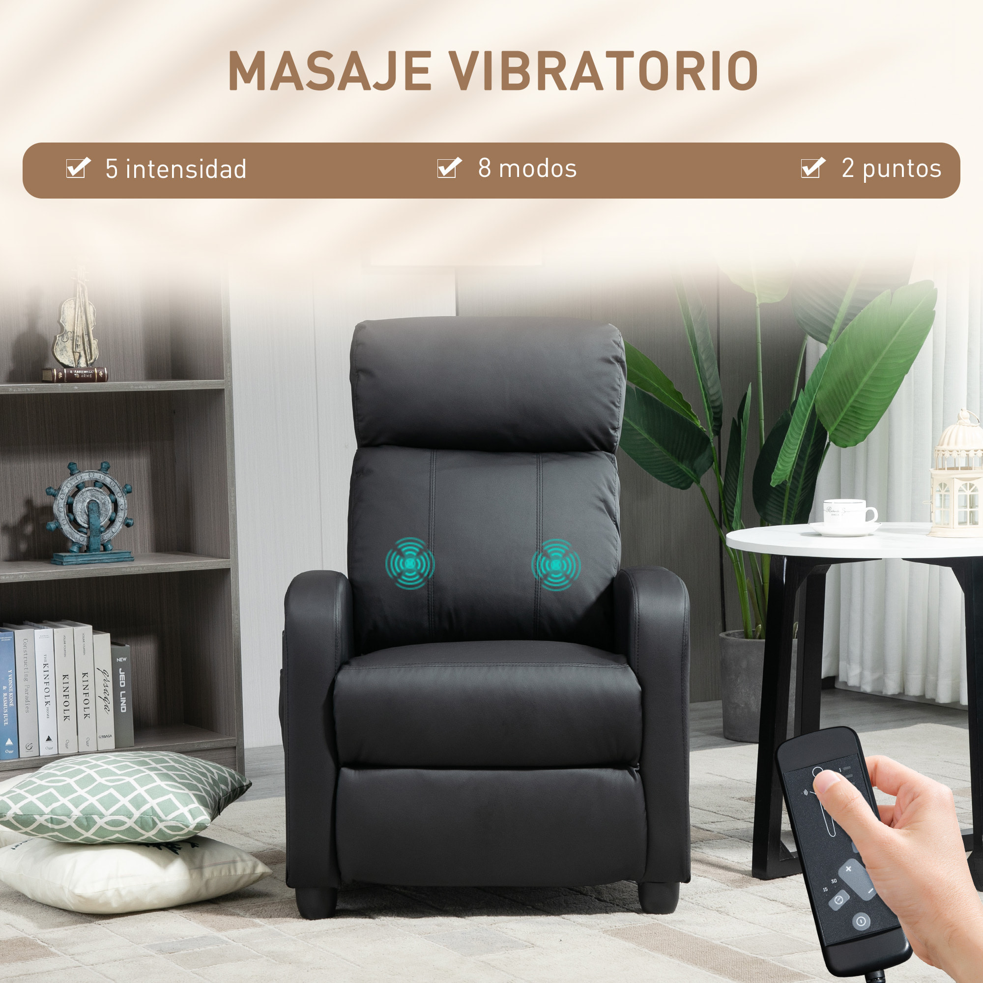 Sillón de Masaje Sillón Relax Reclinable con Mando a Distancia 2 Zonas de Masaje 8 Programas 5 Niveles de Intensidad 1 Bolsillo Lateral y Temporizador Tapizado en PU 68x88x98 cm Negro