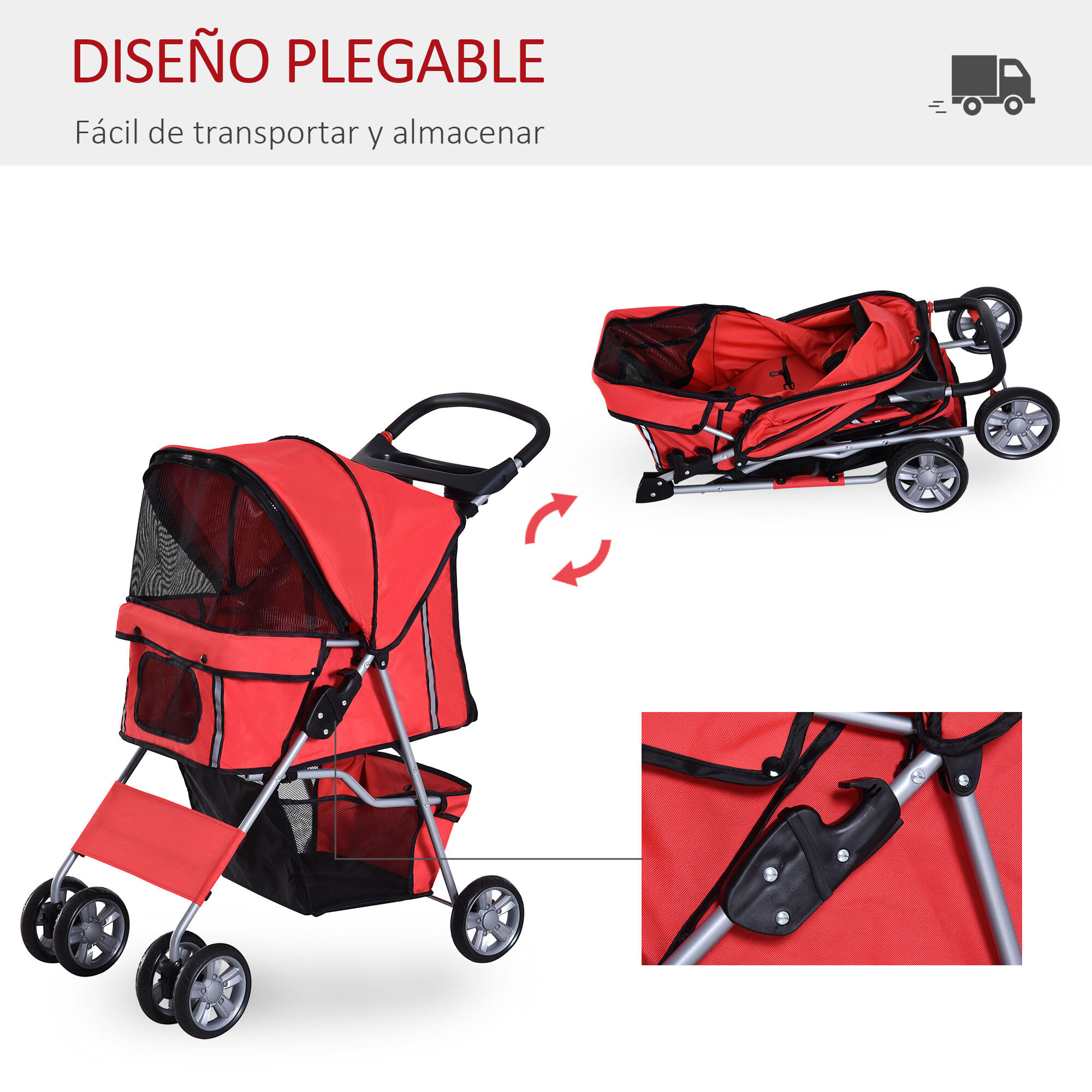 Cochecito Perros Plegable de Tela Nylon 75x45x97cm Rojo