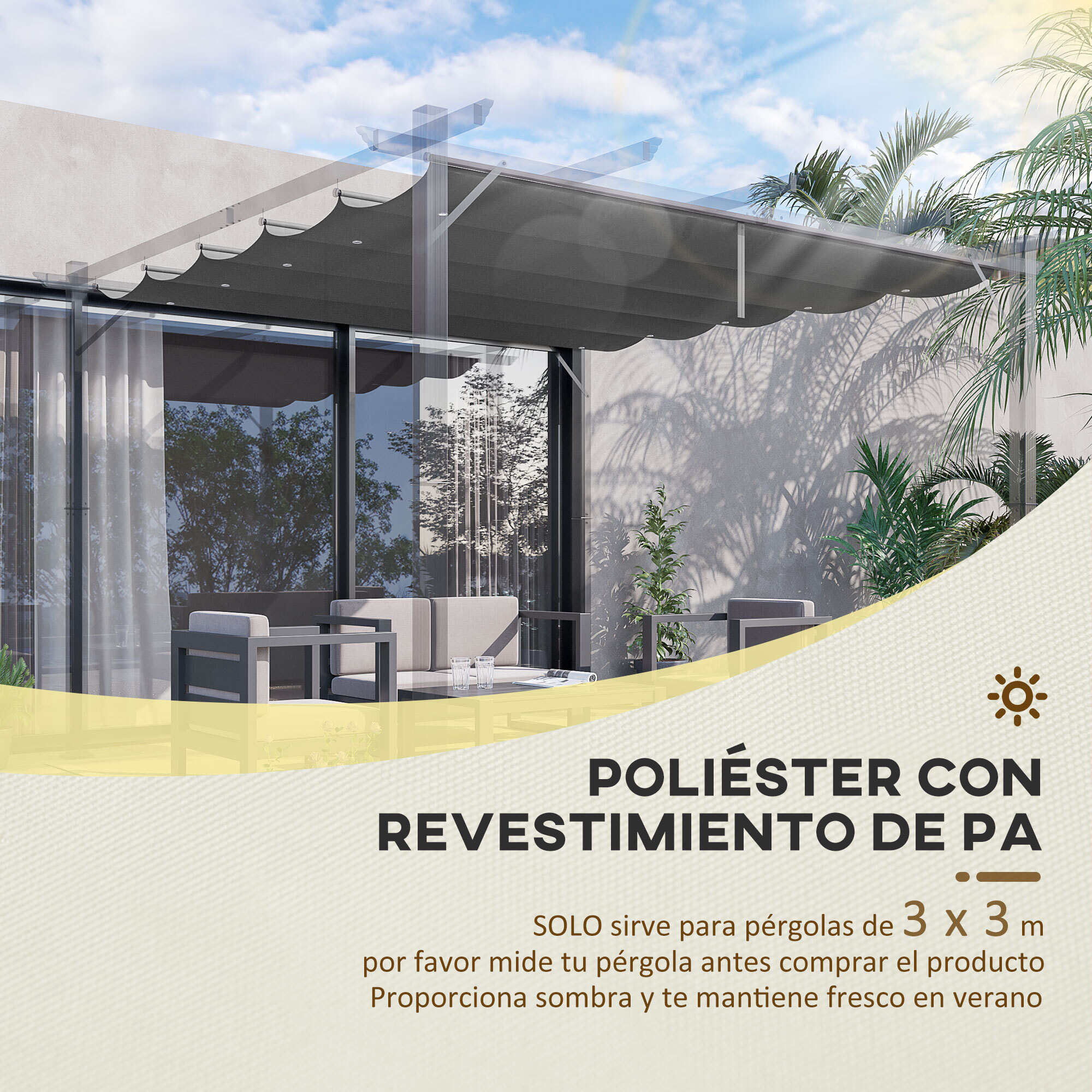 Cubierta para Pérgola 2,5x2,55 m Techo de Repuesto Retráctil para Sombrilla Toldo de Tela para Cenador Jardín con 10 Orificios de Drenaje Gris Oscuro