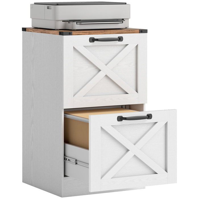 Cajonera Escritorio con 2 Cajones, Cajonera de Oficina, Mueble Archivador, Soporte para Impresora, con Riel Colgante para A4 y Carta, 40x40x71 cm, Blanco