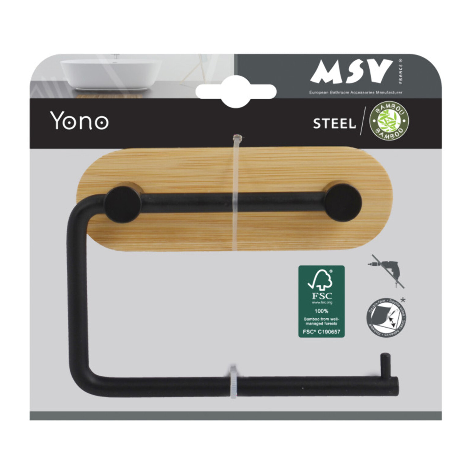 Porte rouleau papier wc adhésif YONO Acier Noir mat & Bambou MSV
