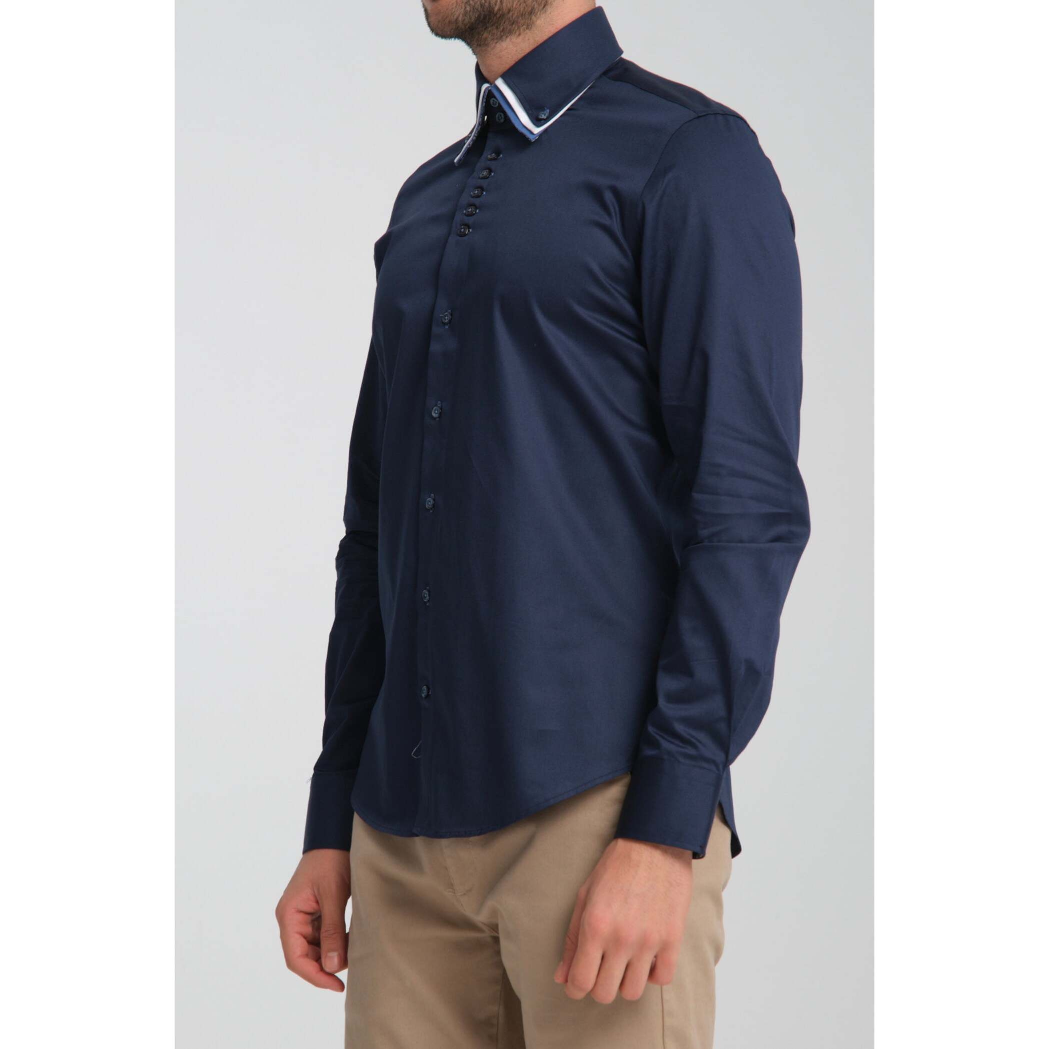 Camicia Uomo 2 Bottoni Button Down Triplo Collo Slim Satin Unito Blu