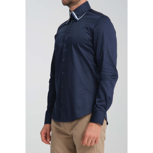 Camicia Uomo 2 Bottoni Button Down Triplo Collo Slim Satin Unito Blu
