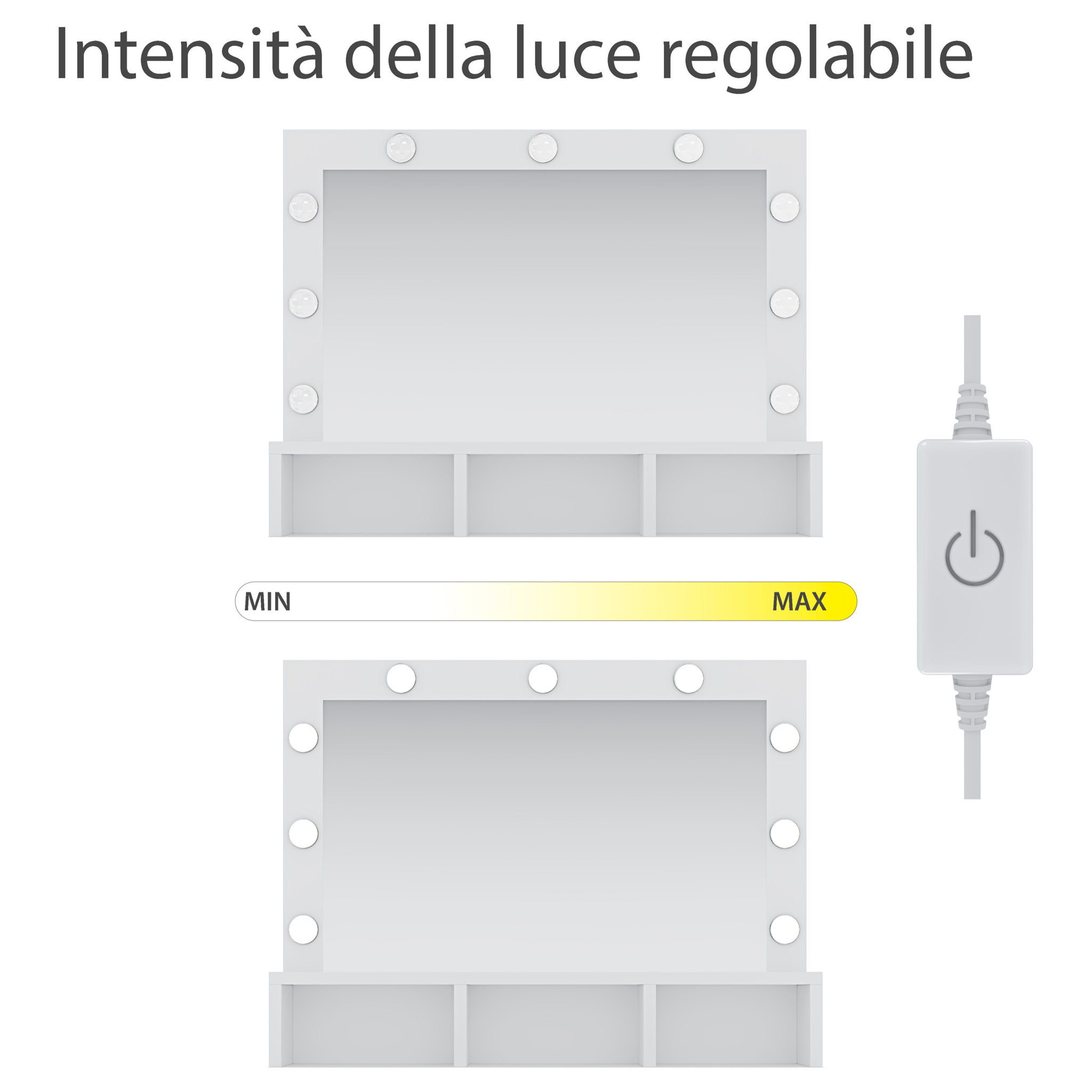 Toeletta Tavolino Da Trucco Tavolo Con 9 Luci LED Con Luminosità Regolabile 2 Cassetti 3 Scomparti A Giorno Specchio Make Up 40x80x140 Cm Bianco