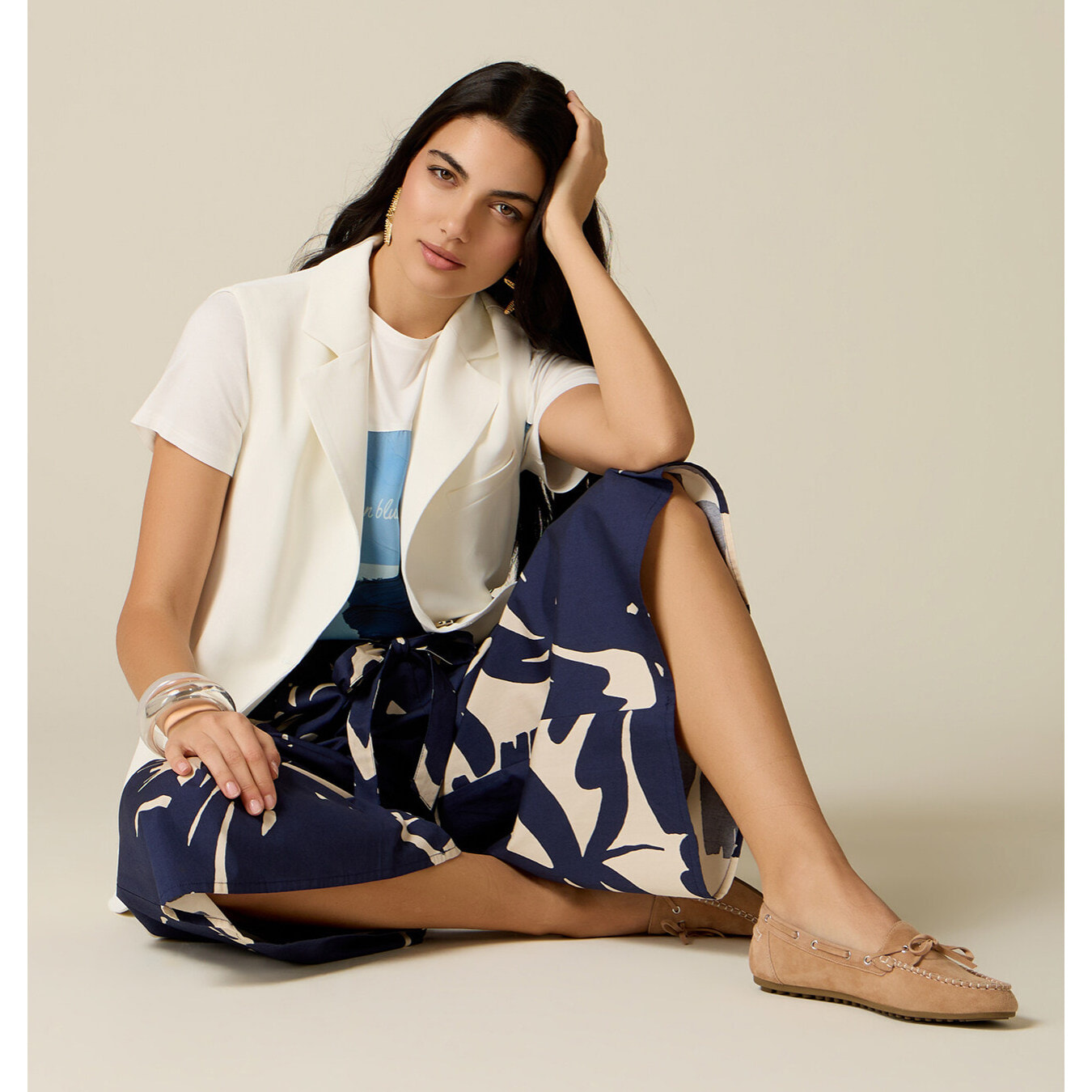 Oltre - Falda pantalón en popelín estampado - Azul