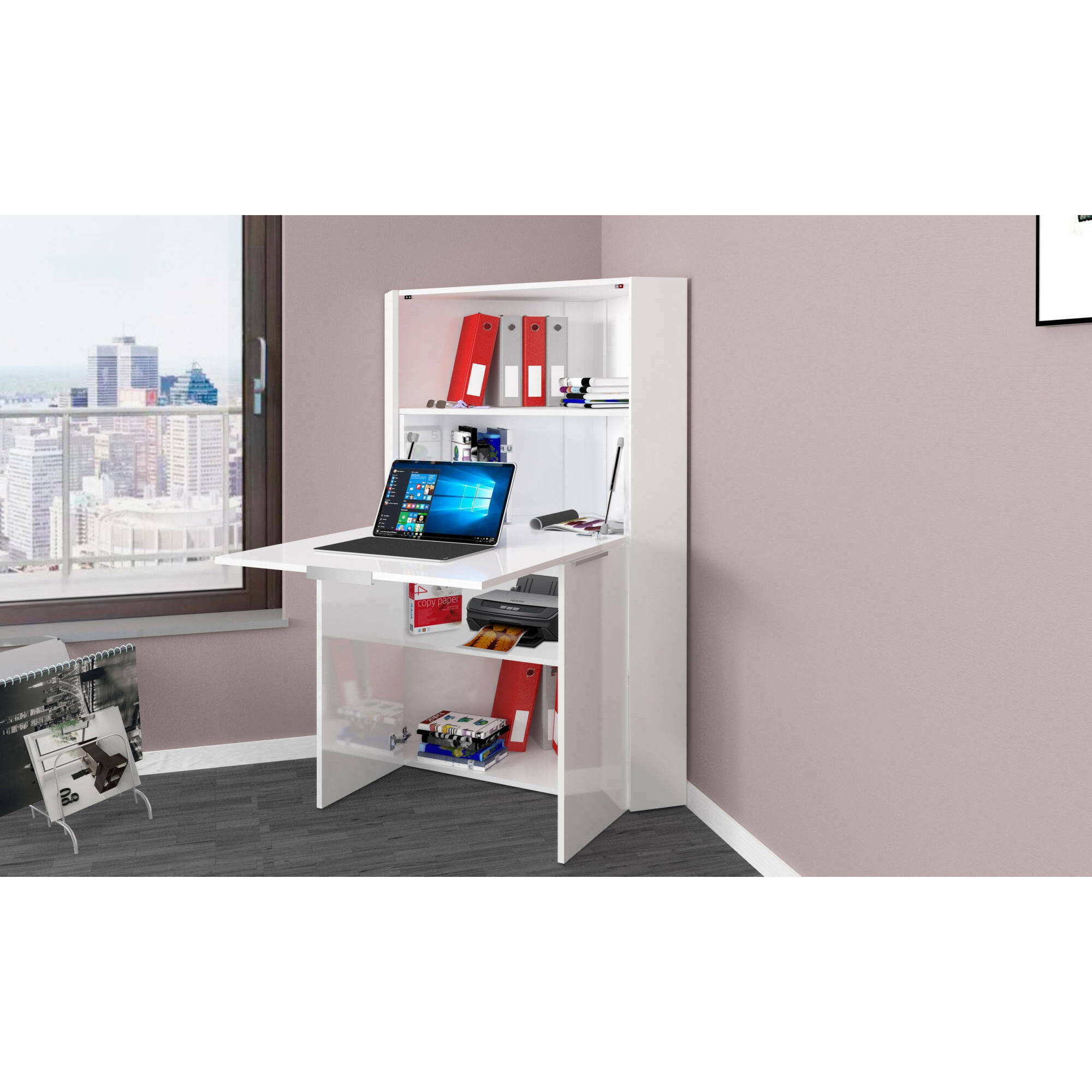 Scrivania Akiro, Mobile multiuso con scaffali e piano da lavoro, Tavolo multiuso per ufficio, Scrivania salvaspazio multiposizione, 100% Made in Italy, cm 70x57h140, Bianco lucido