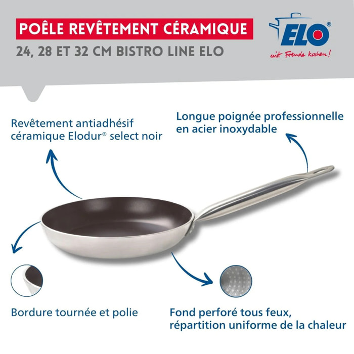 Set de 3 Poêles 24, 28 et 32 cm céramique sans PFAS et 3 couvercles Elo Bistro Line