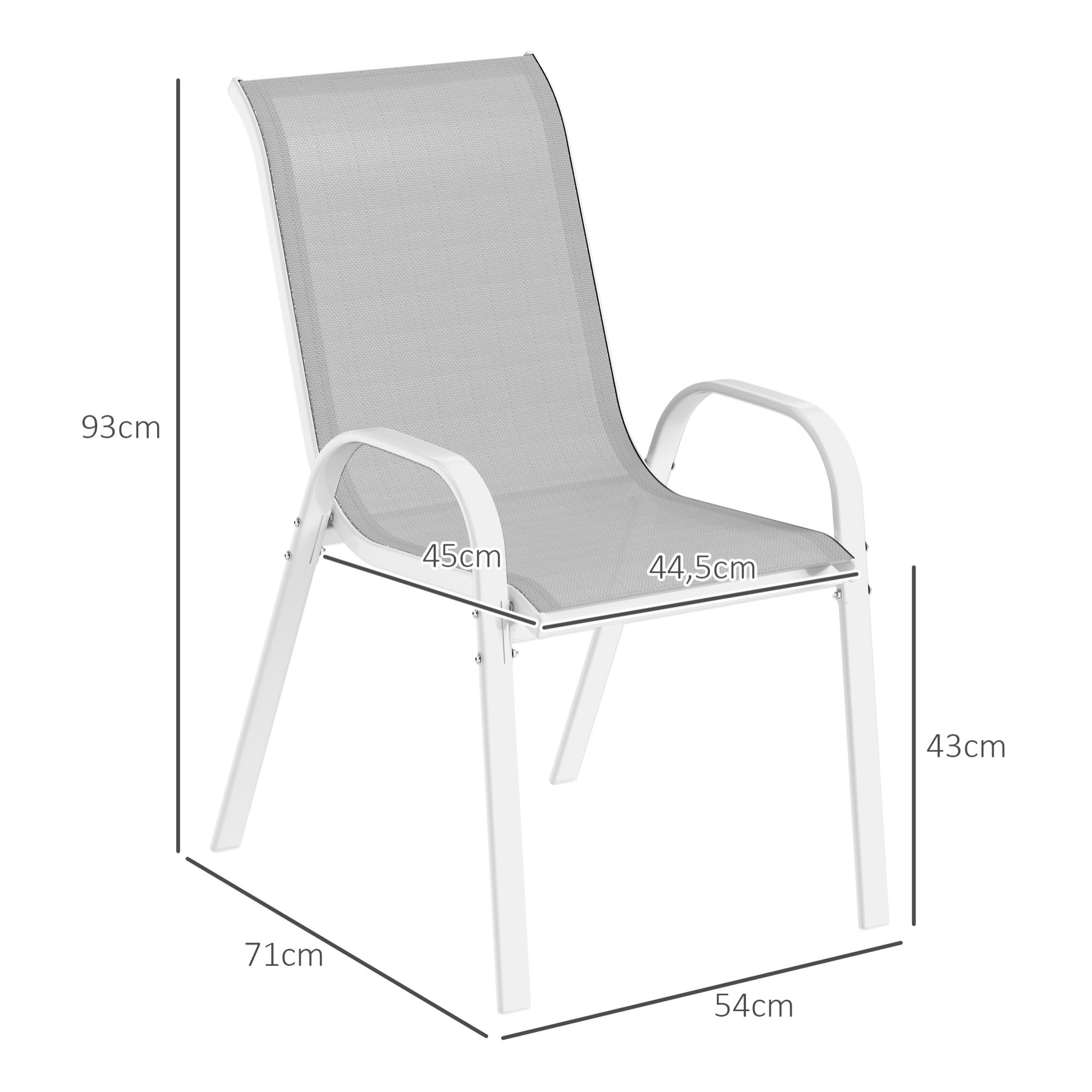 Juego de 4 Sillas de Jardín Exterior Sillas Terraza Exterior Apilables Sillas de Jardín con Tela Transpirable Marco de Acero Reposabrazos y Respaldo 54x71x93 cm Gris y Blanco