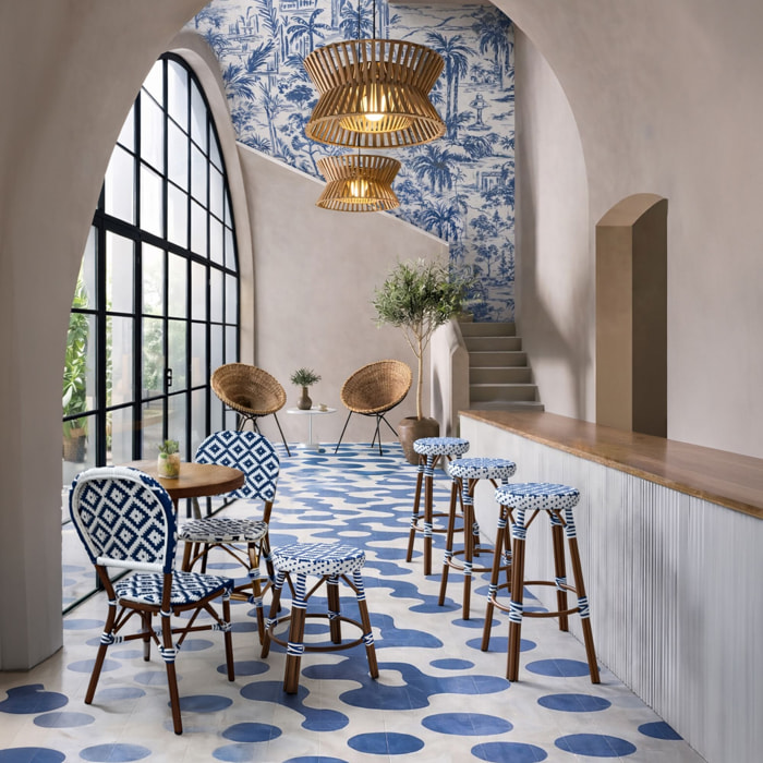 Tabouret bas en textilène avec effet rotin tressé bleu SCALA