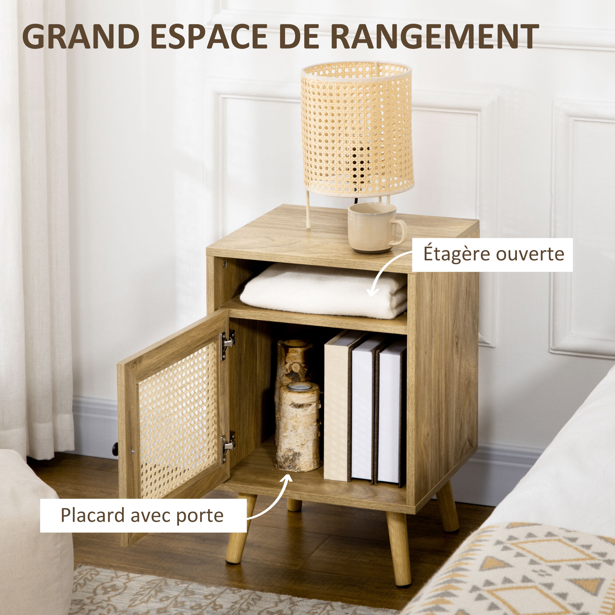 Chevet style bohème - table de nuit design - placard, niche - aspect bois manguier rotin