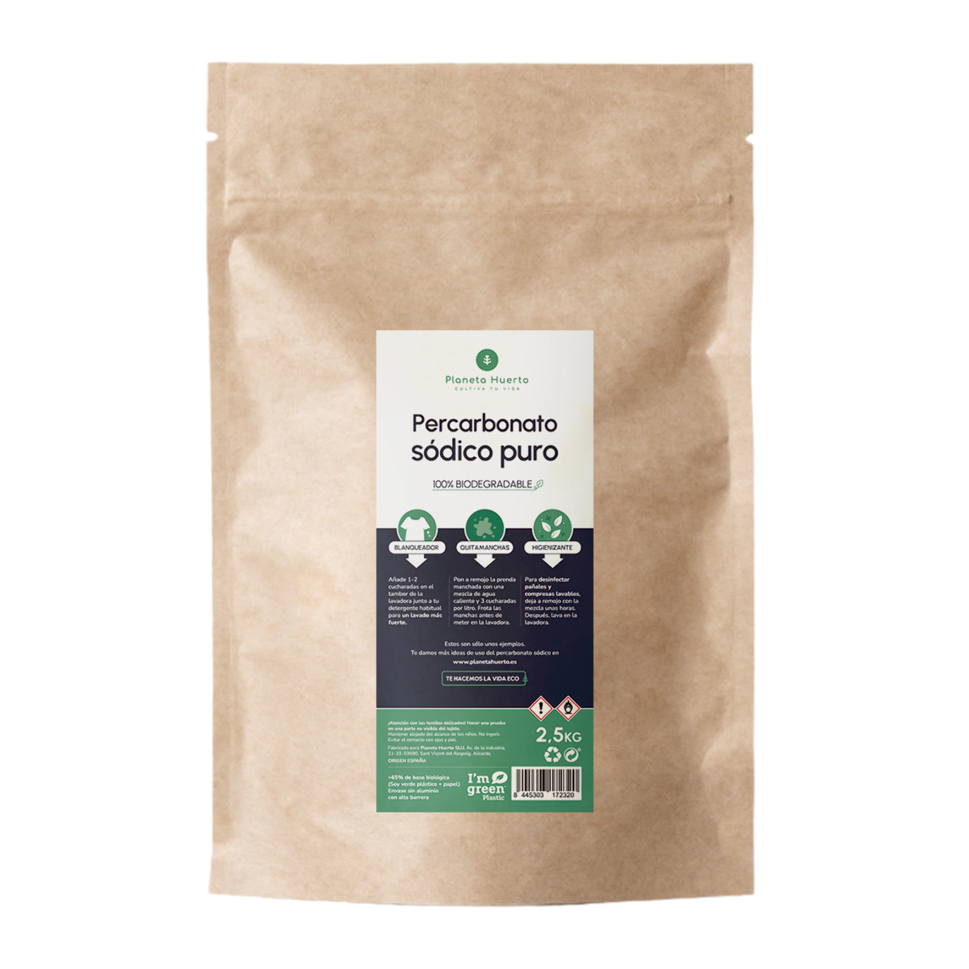 PLANETA HUERTO | Percarbonato Sódico 2,5 kg – Bolsa de Papel Kraft con Blanqueador y Quitamanchas Ecológico para Ropa Blanca y de Colores