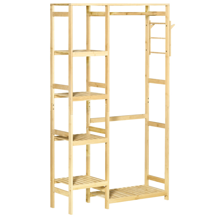 Penderie porte-manteaux - 5 étagères, espace penderie, 2 patères - dim. 90L x 30l x 155H cm - bois bambou