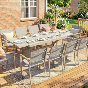 Mesa de Jardín Extensible con Superficie de Aluminio, 154/214x85 cm, Mesa de Comedor Exterior Extensible Rectangular con Imitación Madera para 8-10 Personas, para Patio, Terraza, Gris Claro