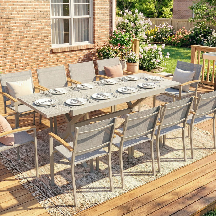 Mesa de Jardín Extensible con Superficie de Aluminio, 154/214x85 cm, Mesa de Comedor Exterior Extensible Rectangular con Imitación Madera para 8-10 Personas, para Patio, Terraza, Gris Claro