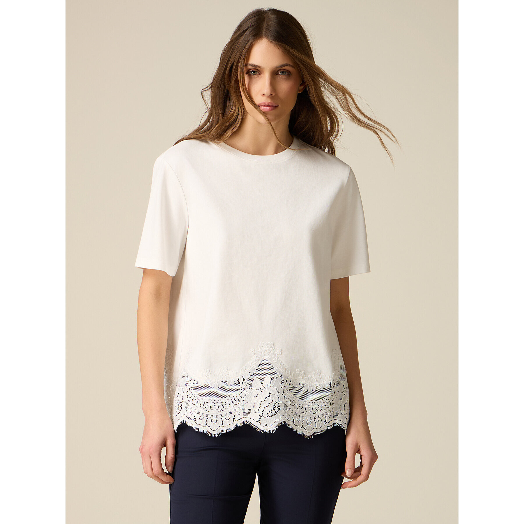 Oltre - Camiseta de algodón con borde de encaje - Blanco