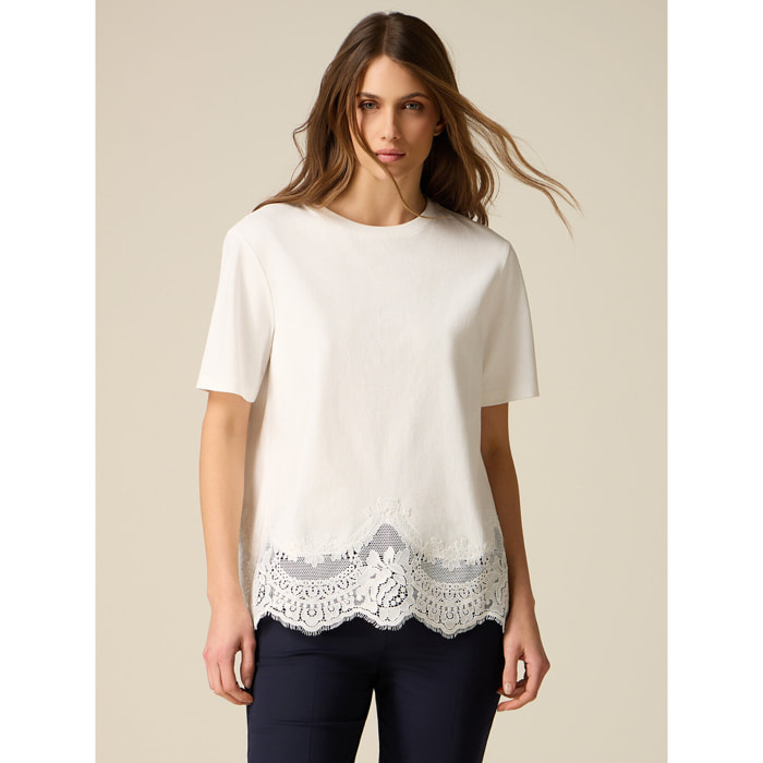 Oltre - Camiseta de algodón con borde de encaje - Blanco