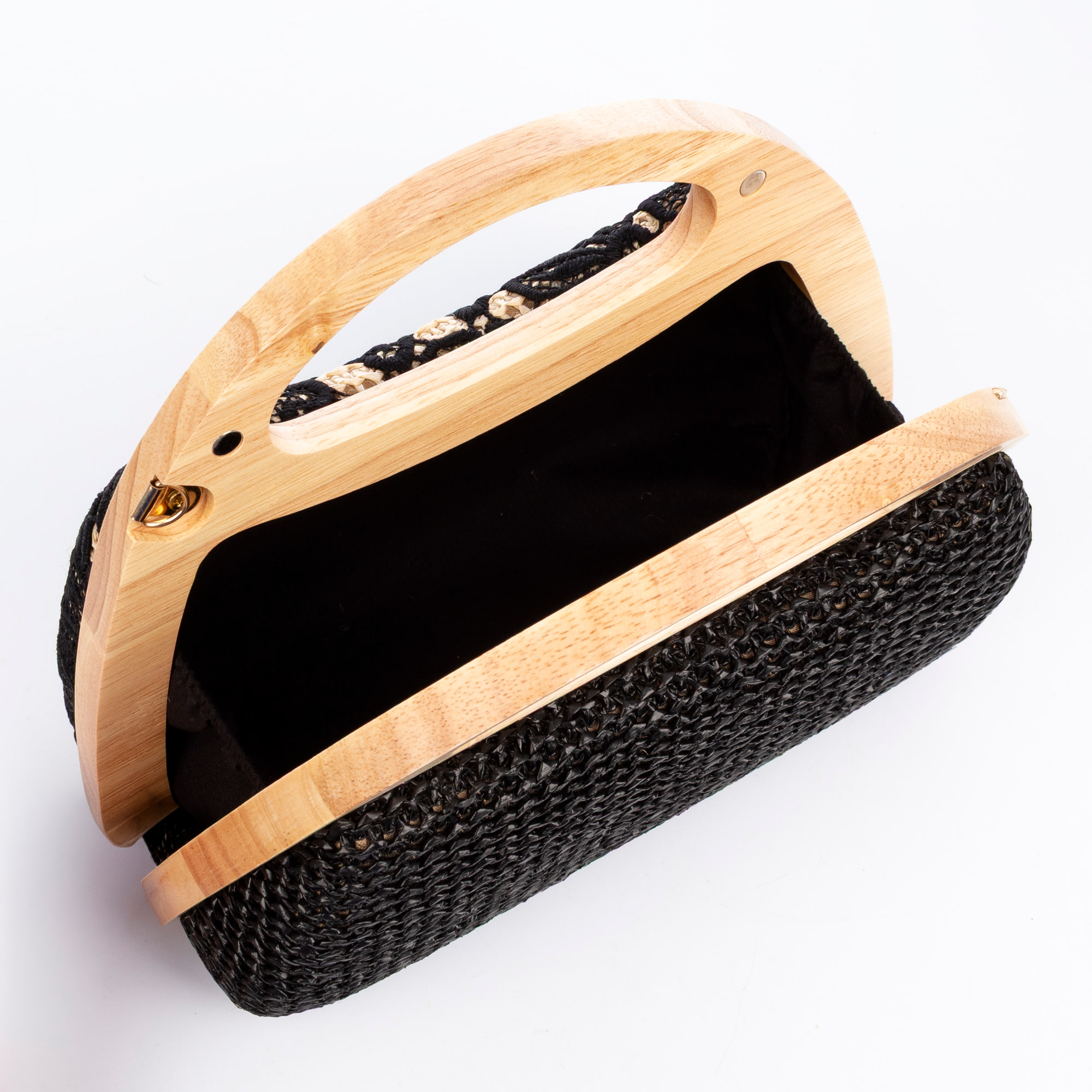 Ausa borsa a mano realizzata in legno naturale, con carta intrecciata e jute design in rete di tessuto floreale