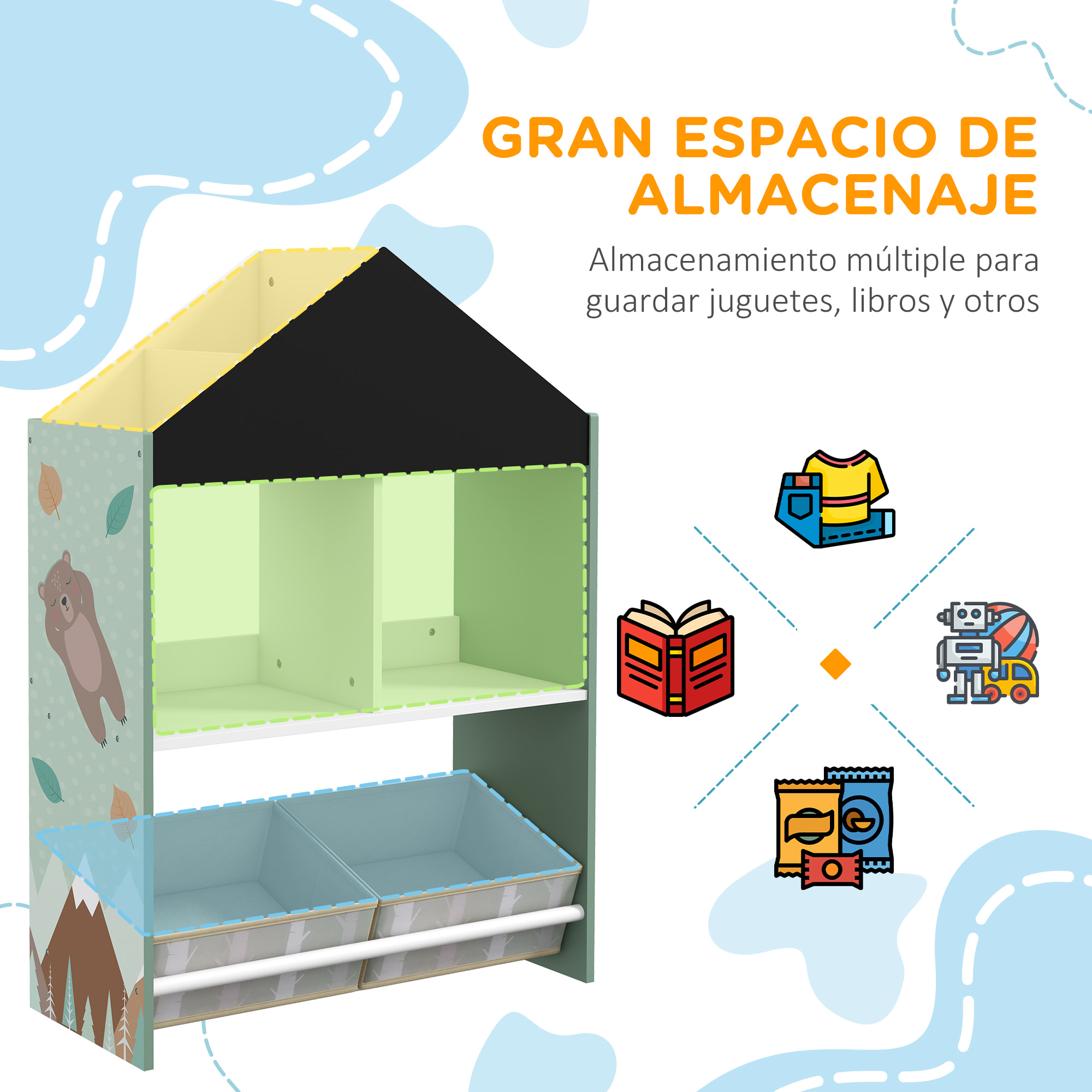 Estantería para Juguetes Organizador Infantil con Estantes Abiertos y 2 Cajas de Tela no Tejida Extraíbles para Sala de Juegos Habitación Guardería 62,4x26,5x90 cm Verde