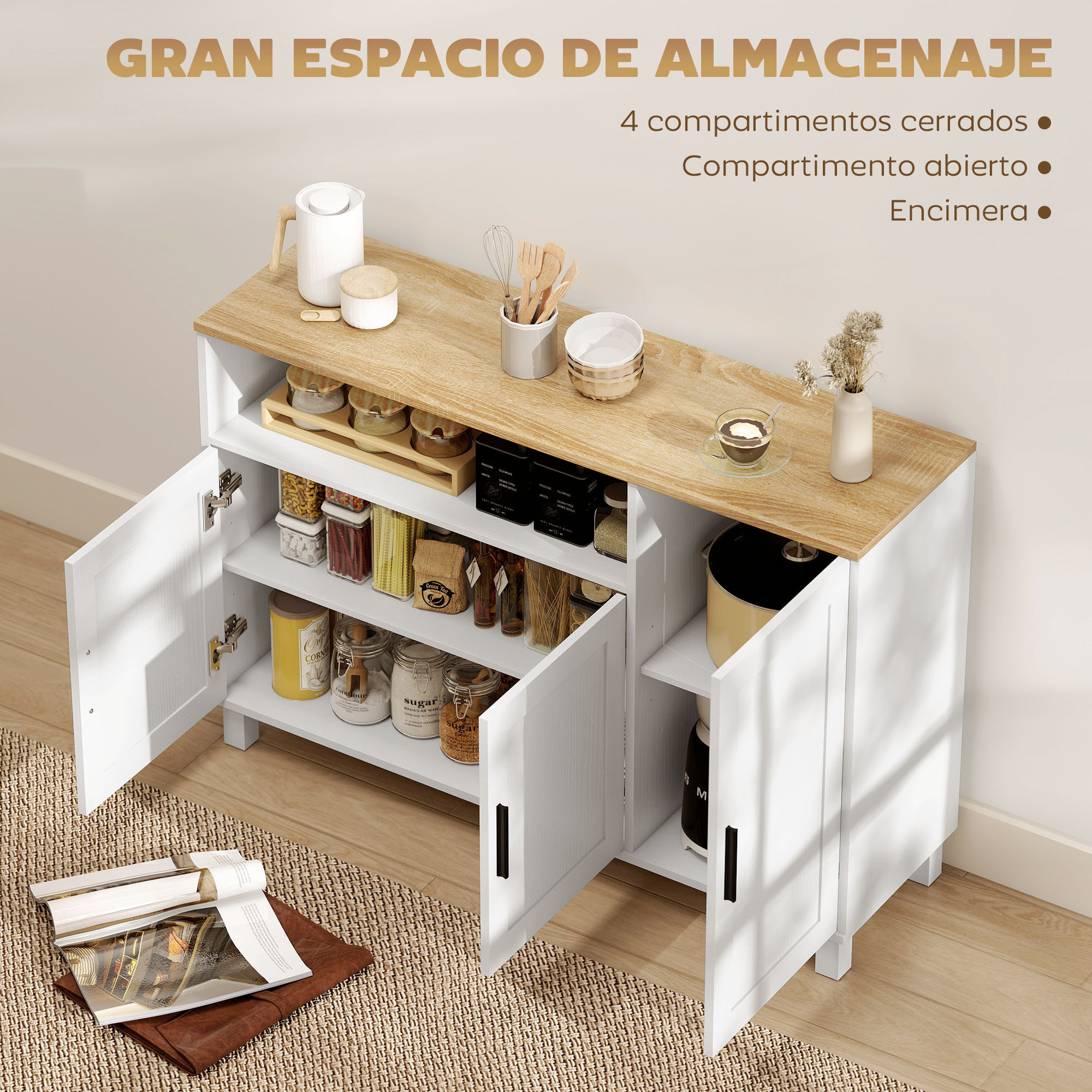 Aparador de 3 Puertas de Cierre Suave, Aparador de Salón con Estantes Ajustables, Compartimento Abierto, Patas de Madera, para Cocina, Entrada, Dormitorio, Blanco, 110x33x75 cm