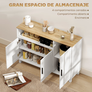 Aparador de 3 Puertas de Cierre Suave, Aparador de Salón con Estantes Ajustables, Compartimento Abierto, Patas de Madera, para Cocina, Entrada, Dormitorio, Blanco, 110x33x75 cm