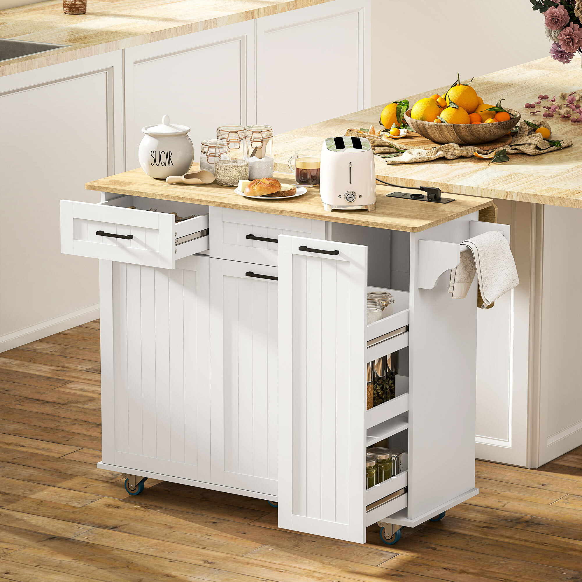 Desserte îlot central de cuisine  multi-rangement - prises secteur, ports USB - blanc effet bois clair