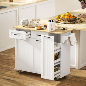 Desserte îlot central de cuisine  multi-rangement - prises secteur, ports USB - blanc effet bois clair