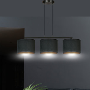 Lampada a sospensione HILDE a tre luci in acciaio e velluto nero