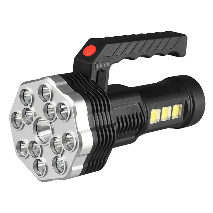 Torcia LED ad alta performance con 13 LED, 4 livelli di luminosità, luce COB ausiliaria e batteria ricaricabile da 1200mAh.