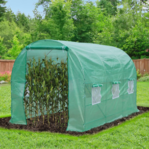 Serre de jardin tunnel 7m² 3,5L x 2l x 2H m châssis tubulaire acier galvanisé renforcé 6 fenêtres 1 portes vert