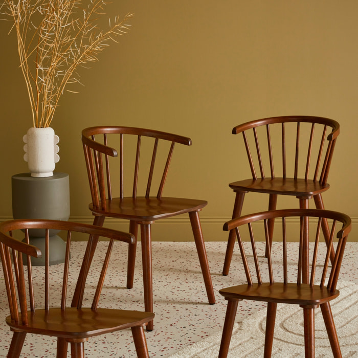 Lot de 4 chaises noyer à barreaux en bois et contreplaqué. Paula. L 51 x P 53 x H 75cm
