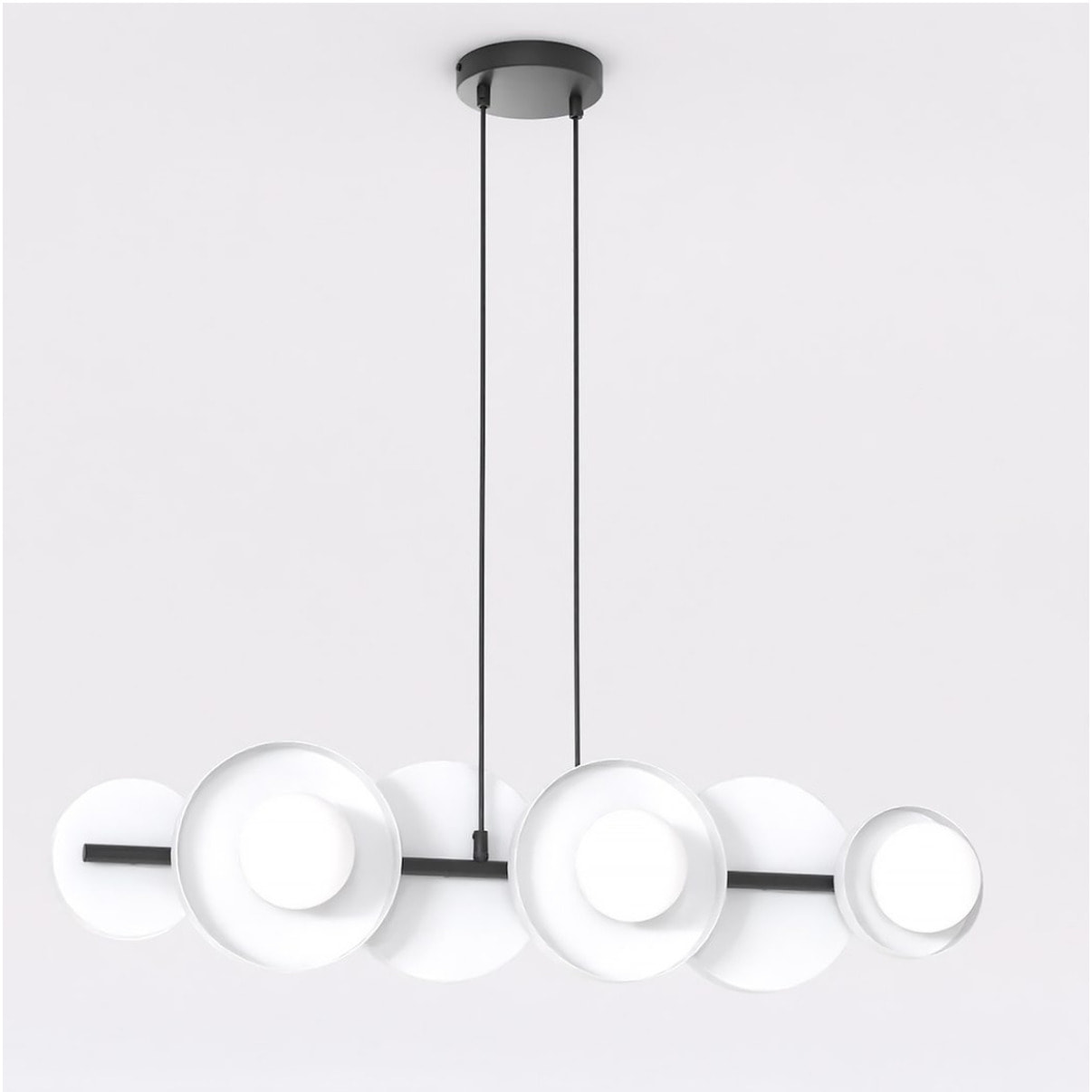 Lampada a sospensione Model con struttura in acciaio nero e diffusori bianchi
