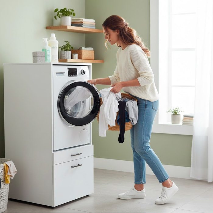 Mobile Lavatrice Con Cassettone Mensola Estraibile Mobiletto Lavanderia Asciugatrice Salvaspazio Con Vano Incasso Piano Appoggio 67×65×144 Cm Bianco