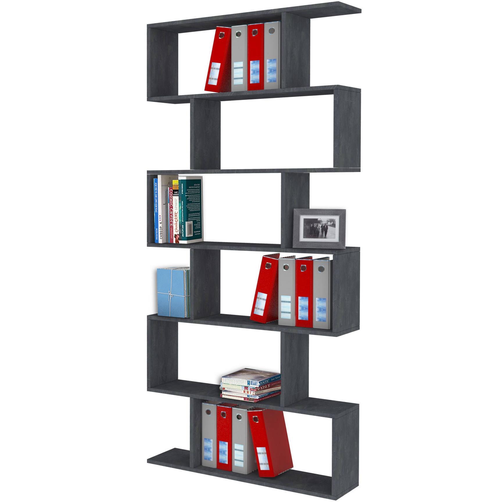 Libreria alta a zig zag a 6 scaffali aperti, Made in Italy, Scaffale per libri e documenti, Libreria da ufficio, cm 80x25h192, colore Grigio Cenere