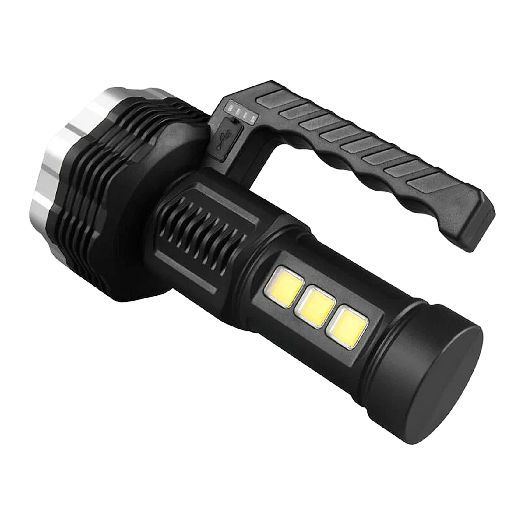 Torcia LED ad alta performance con 13 LED, 4 livelli di luminosità, luce COB ausiliaria e batteria ricaricabile da 1200mAh.