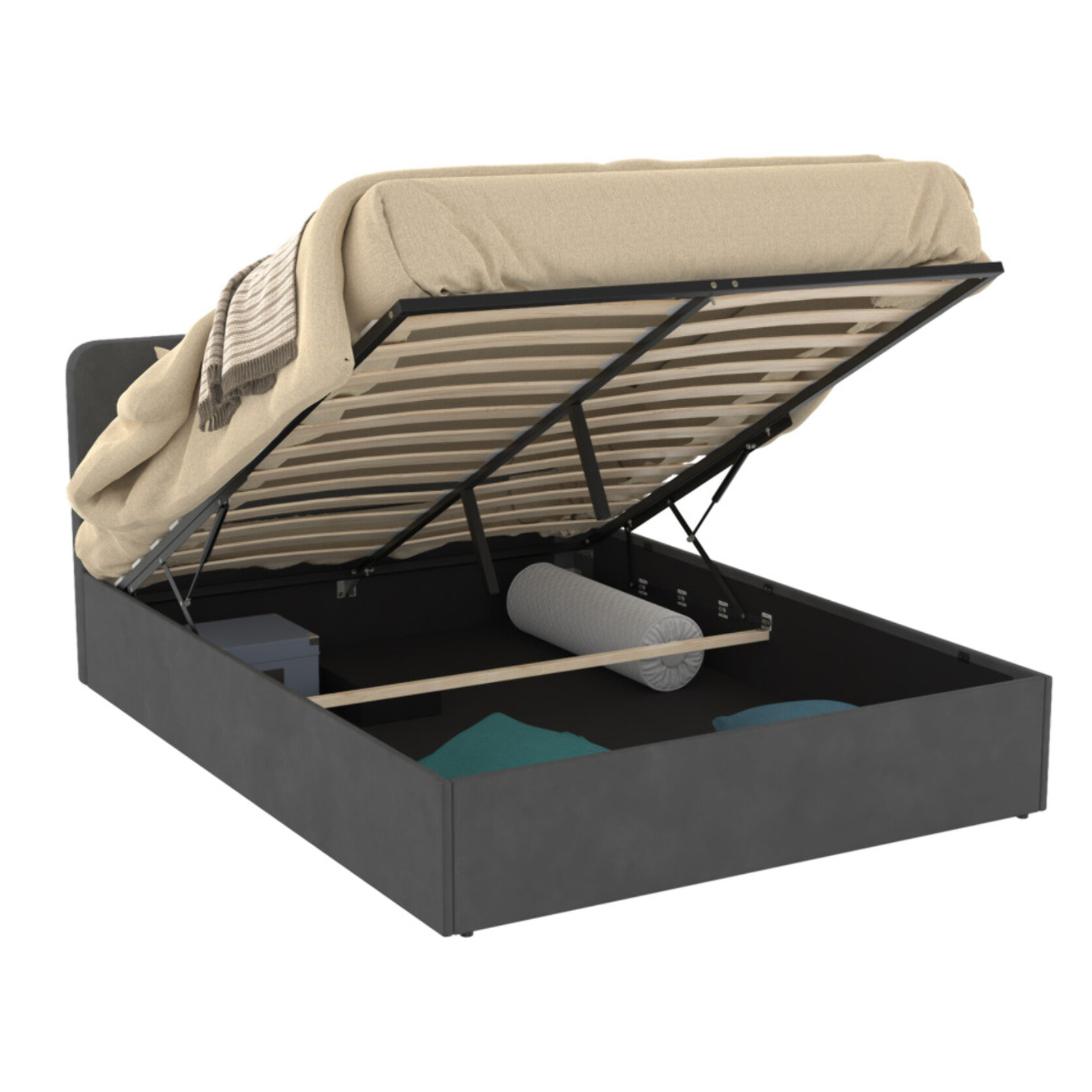 Lit coffre velours Louise avec sommier et tête de lit - Velours gris
