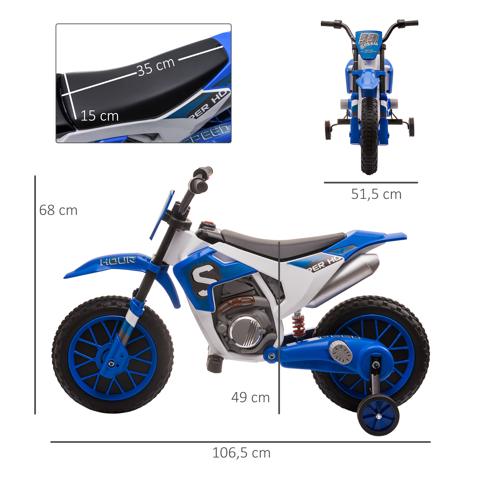 Moto Eléctrica para Niños +3 Años 12V Velocidad Máx 8 km/h 106,5x51,5x68cm Azul