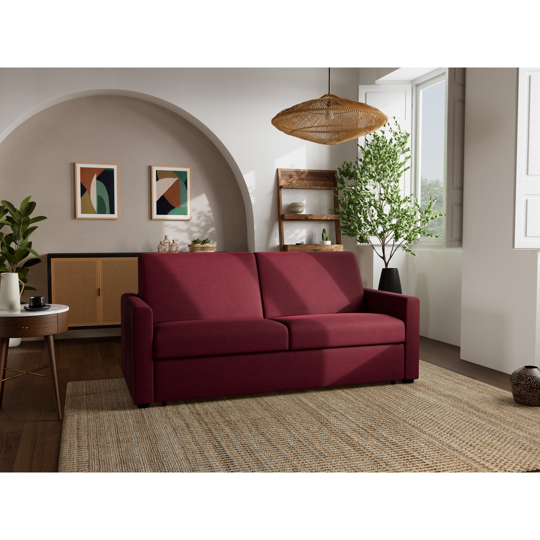Julia - canapé 3 places convertible couchage quotidien matelas 14 cm en tissu - Prune