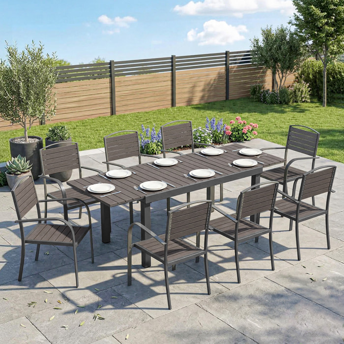 Outsunny Conjunto de Mesa y Sillas Jardín de 9 Piezas, Muebles Jardín Exterior con Mesa Extensible 150 a 225 cm, Estructura de Aluminio, 8 Sillas Apilables, Tablero de Lamas de Madera Plástica, Gris