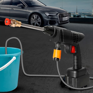 Pistola per lavaggio a pressione con batteria integrata da 12000 mAh, 3 adattatori di lavaggio diversi, potenza di 300W e 25 bar di pressione.