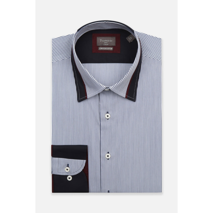 Camicia Uomo Italiano Slim Popeline Stretch Riga Media Bianco e Blu