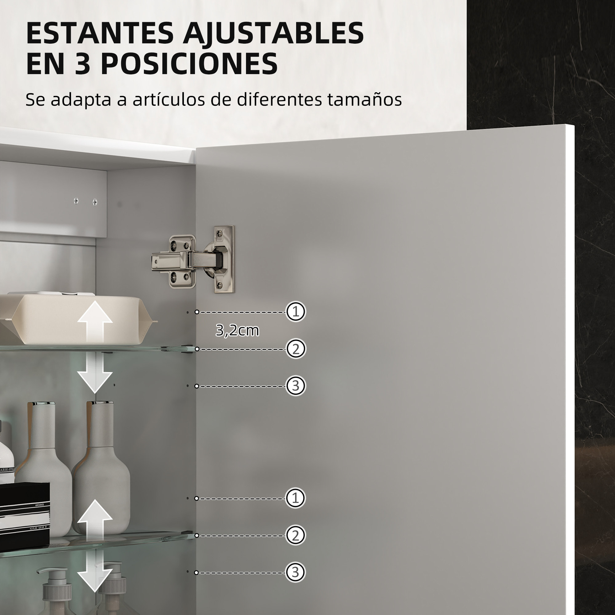 Armario de Baño Pared, Mueble de Baño Colgar con Estantes Ajustables de Vidrio Templado, Ahorro de Espacio, para Entrada, 40x15x55 cm, Blanco Brillo