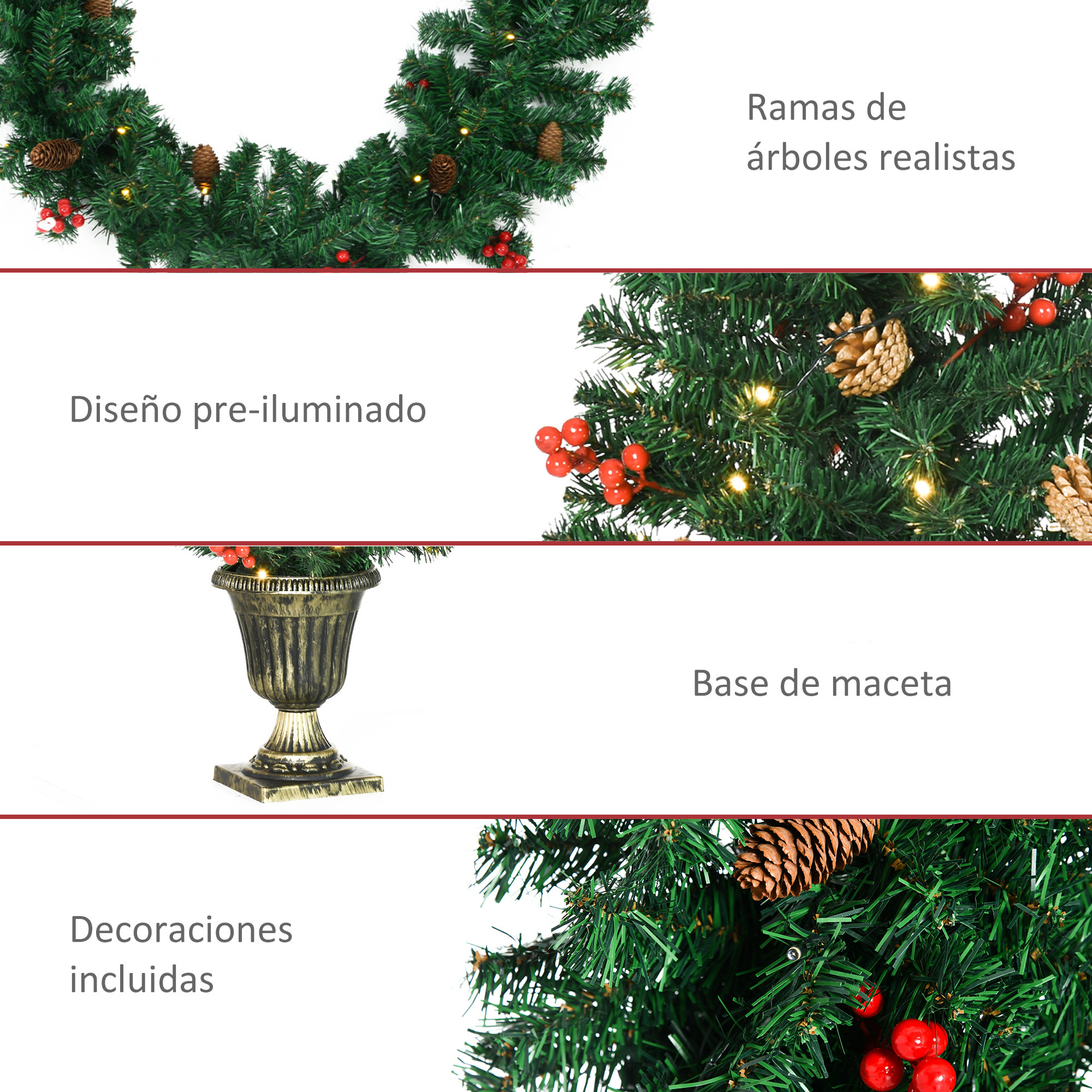 HOMCOM Conjunto de Árbol de Navidad de Entrada 4 Piezas Adornos Navideños con 2 Árboles de Navidad Guirnalda y Corona con Luces LED Blanco Cálido Bayas Rojas 40x40x90 cm Verde