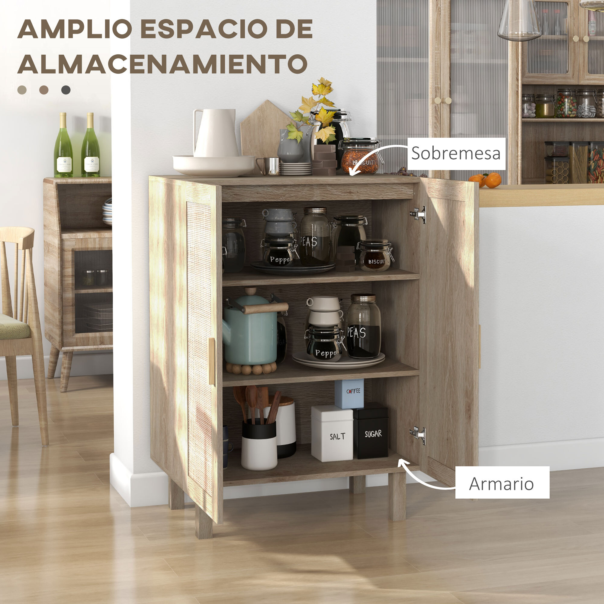 Armario de Salón con 2 Puertas de Rejilla de Ratán y Estantes Ajustables Aparador de Salón para Oficina Estudio Dormitorio Estilo Nórdico Antivuelco 73x41x102 cm Natural