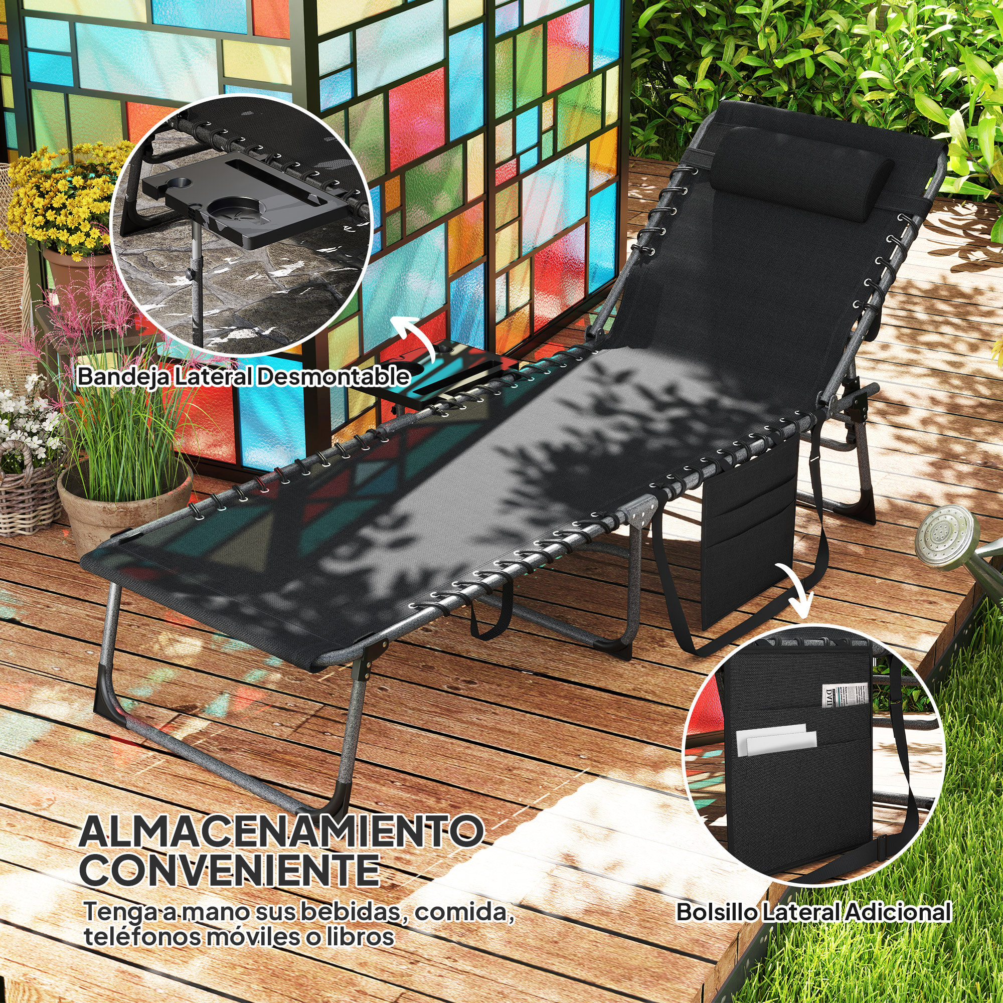 Tumbona Plegable, Tumbona Jardín Exterior con Respaldo Ajustable, Reposacabezas, Bolsillo Lateral, Bandeja y Estructura de Acero, Carga 120 kg para Terraza Piscina Playa, 190x60x31 cm, Negro