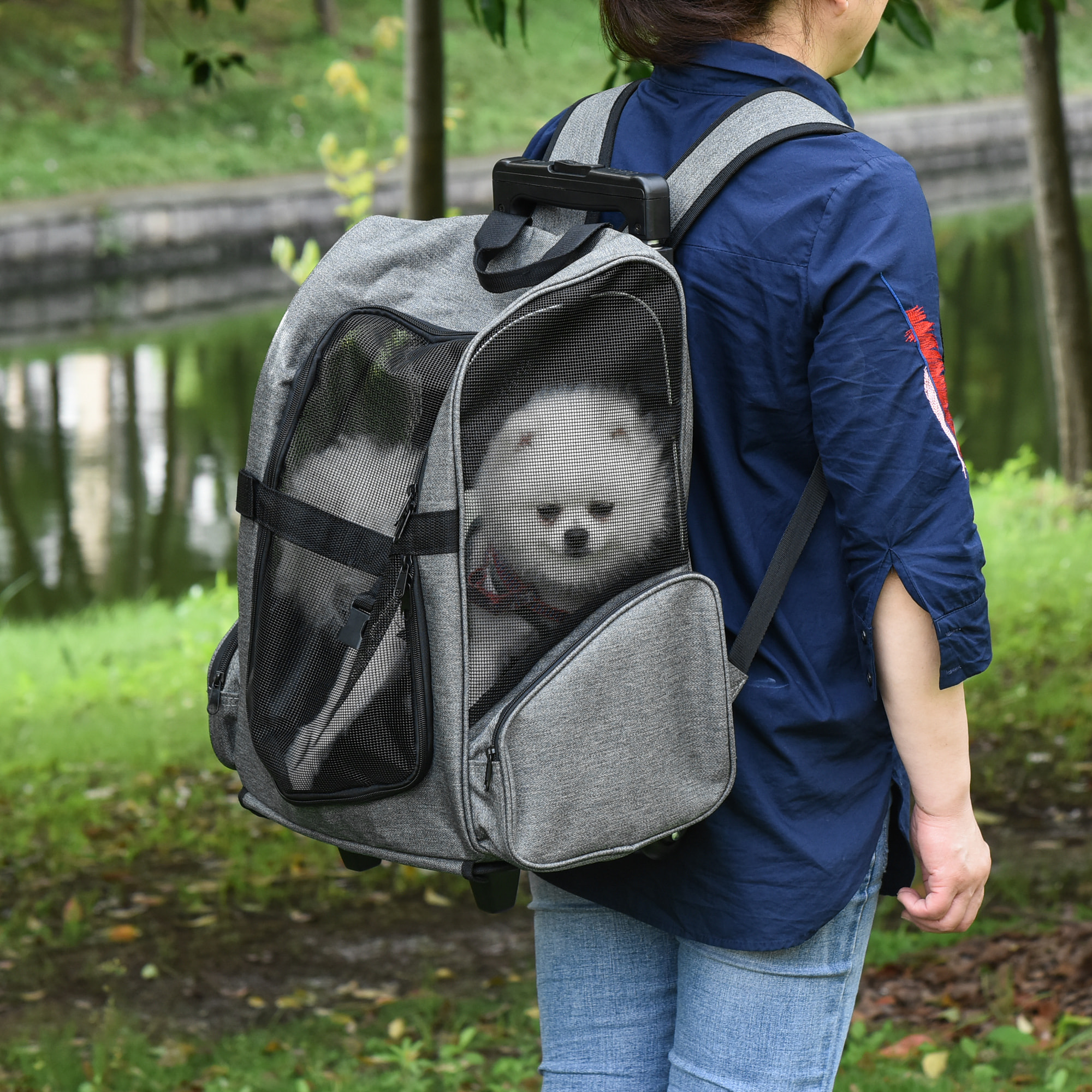 2 en 1 trolley chariot sac à dos sac de transport à roulettes pour chien chat gris