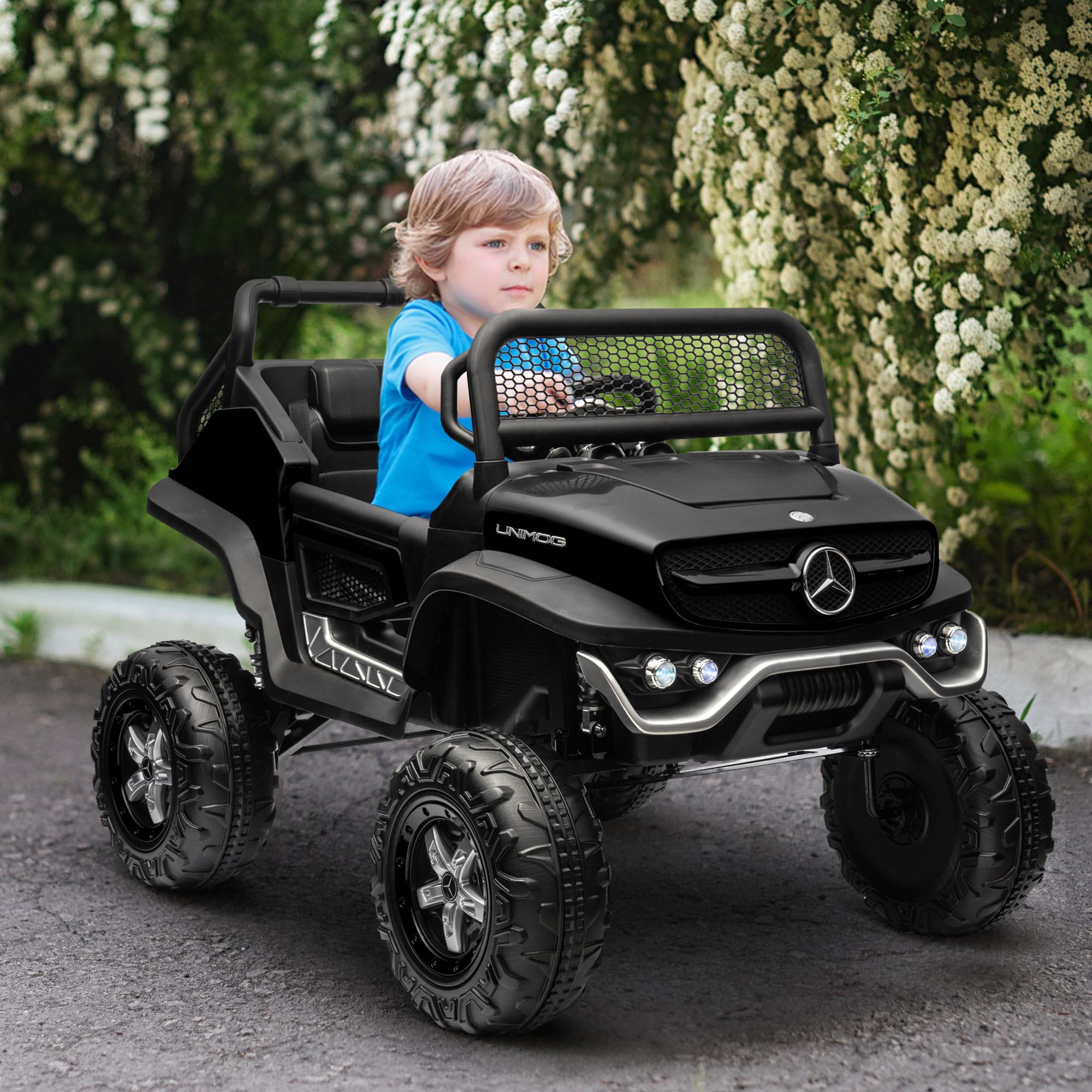 HOMCOM Voiture électrique 4x4 pour enfants de 3 à 8 ans 12 V Mercedes-Benz  Unimog 2 moteurs avec télécommande, roues suspendues, klaxons, lumières,  musique, noir pas cher 